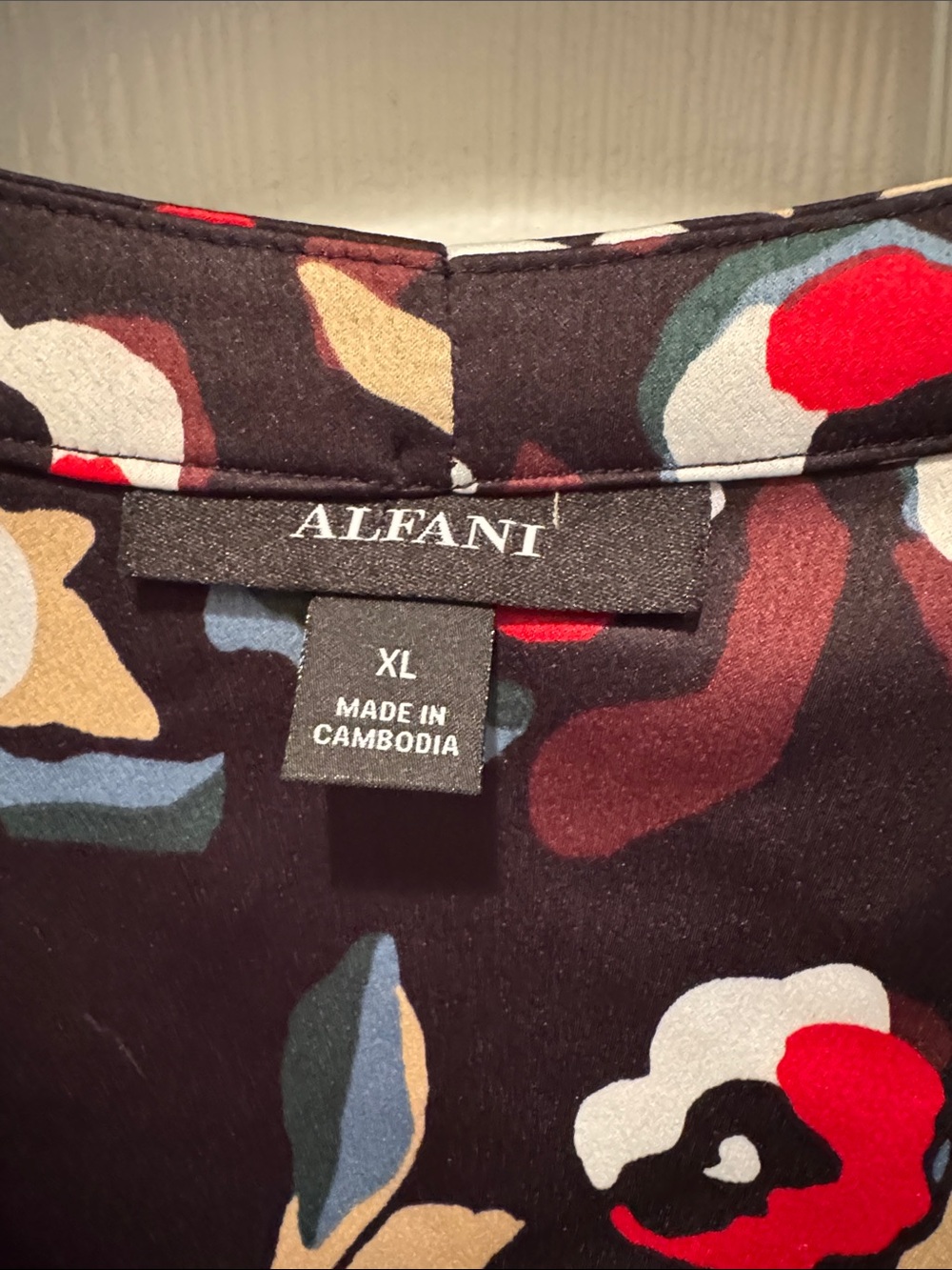 Alfani Black Floral V-Neck Blouse with Red & Cream Accents - Picture 2 of 5